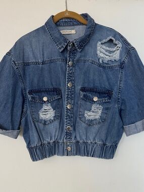 Machine Distressed Blue Cropped Denim Jacket